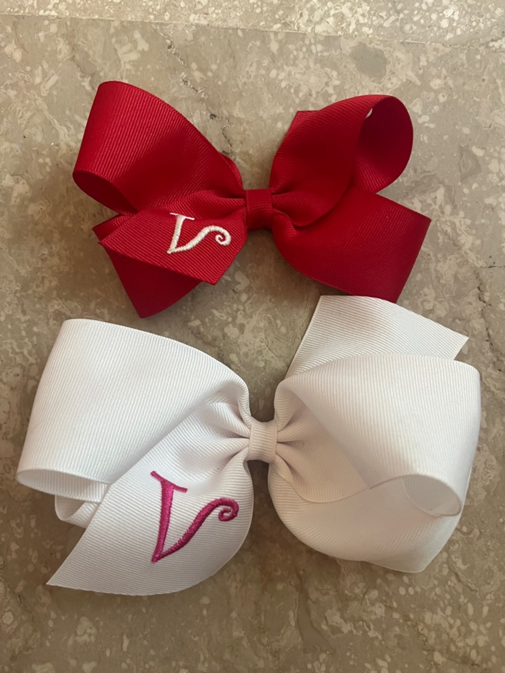 Bundle of 2 Wee Ones Red and White Embroidered V Initial Hair Bows for Girls